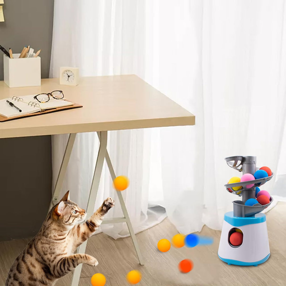 Automatic ball throwing toy for indoor cat entertainment and enrichment