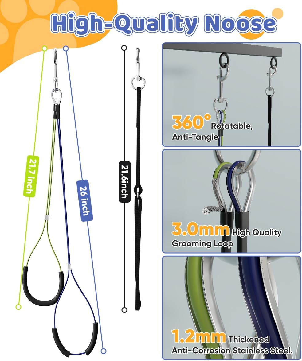 Dog grooming arm with two loop nooses for pet positioning