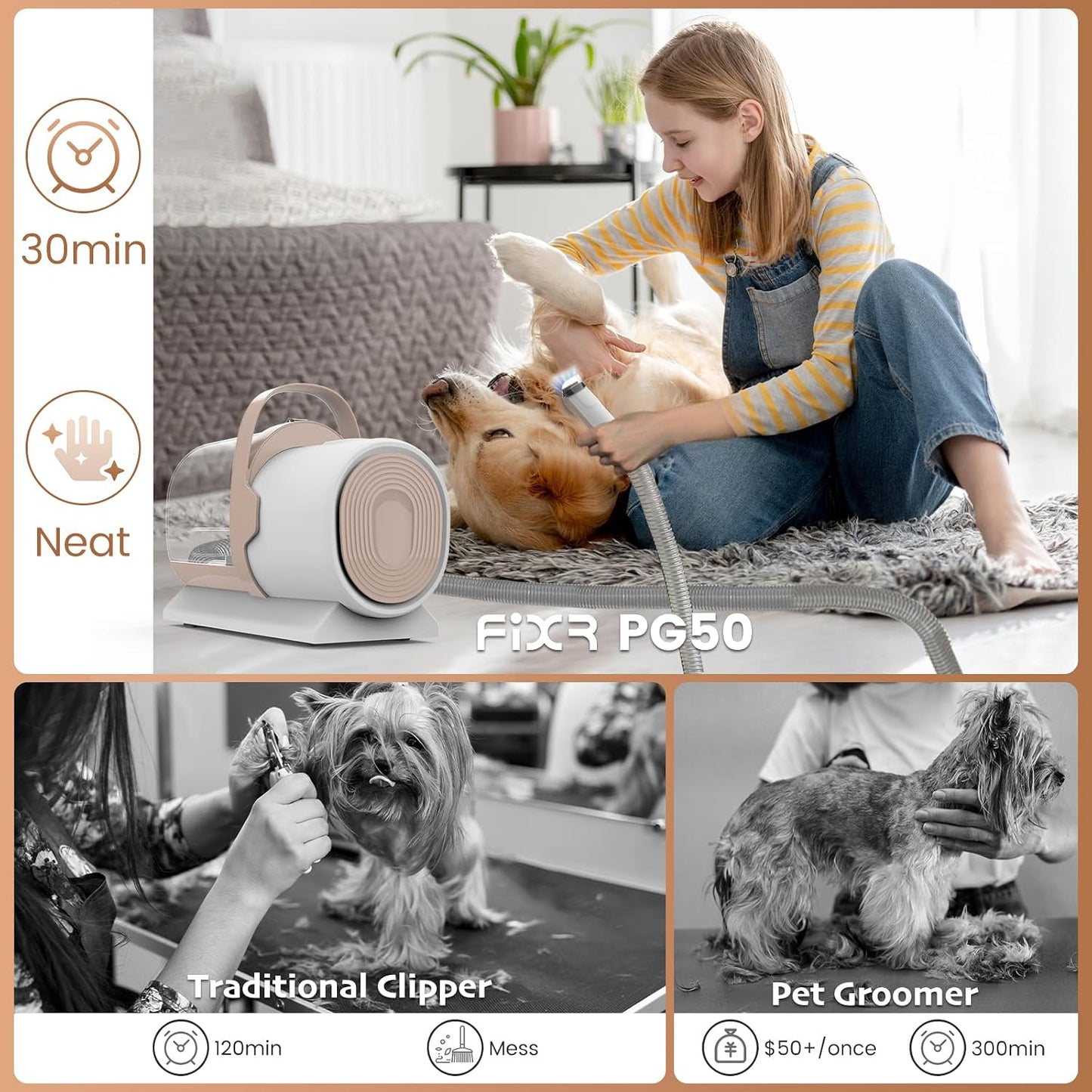 Low-noise pet grooming vacuum designed for comfortable dog grooming at home