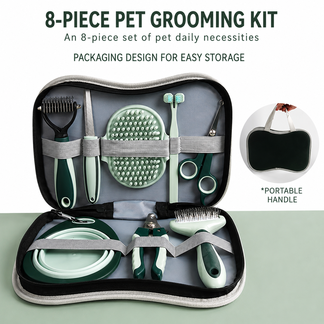 Professional 8-Piece Dog Grooming Kit – Pet Grooming Accessories with Combs, Nail Clippers, Shears, Toothbrush & Foldable Bowl