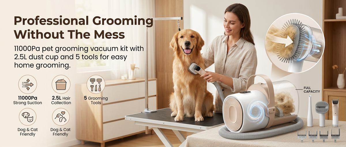 

Dog grooming vacuum kit with 11000Pa suction, 2.5L dust cup and 5 grooming tools for dogs and cats.