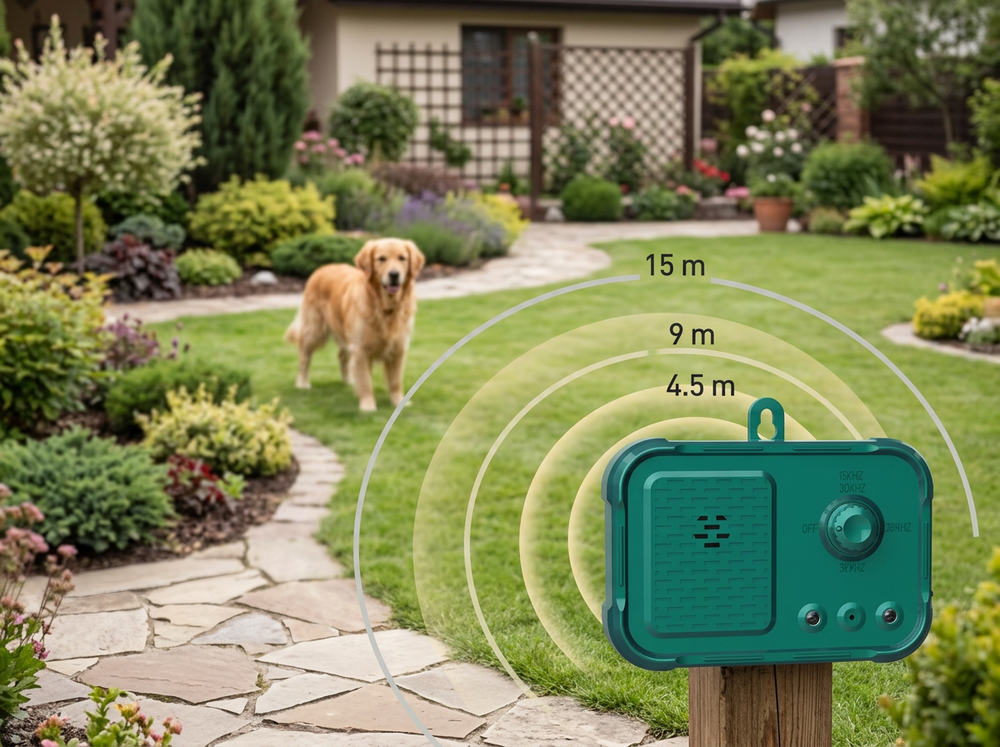 Ultrasonic dog bark deterrent with three sensitivity ranges up to 15 meters.