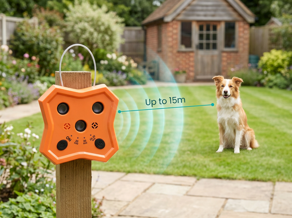 Orange ultrasonic dog bark deterrent demonstrated with a dog at up to 15 metres operating range.