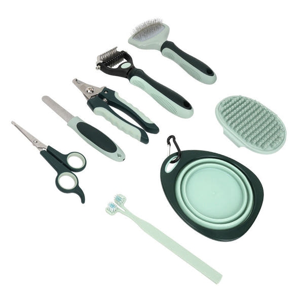 Professional 8-Piece Dog Grooming Kit – Pet Grooming Accessories with Combs, Nail Clippers, Shears, Toothbrush & Foldable Bowl