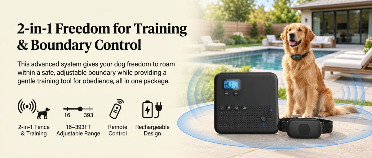 
2-in-1 wireless dog fence and remote training collar with adjustable containment range and rechargeable receiver.