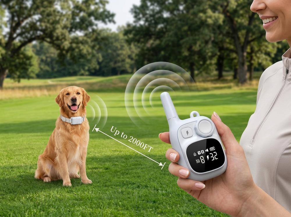 Long-range remote dog training collar designed for wireless control at distances up to 2000 feet.