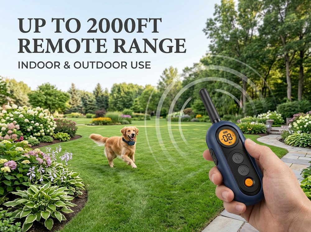 
Remote dog training collar providing wireless control at distances up to 2000 feet.