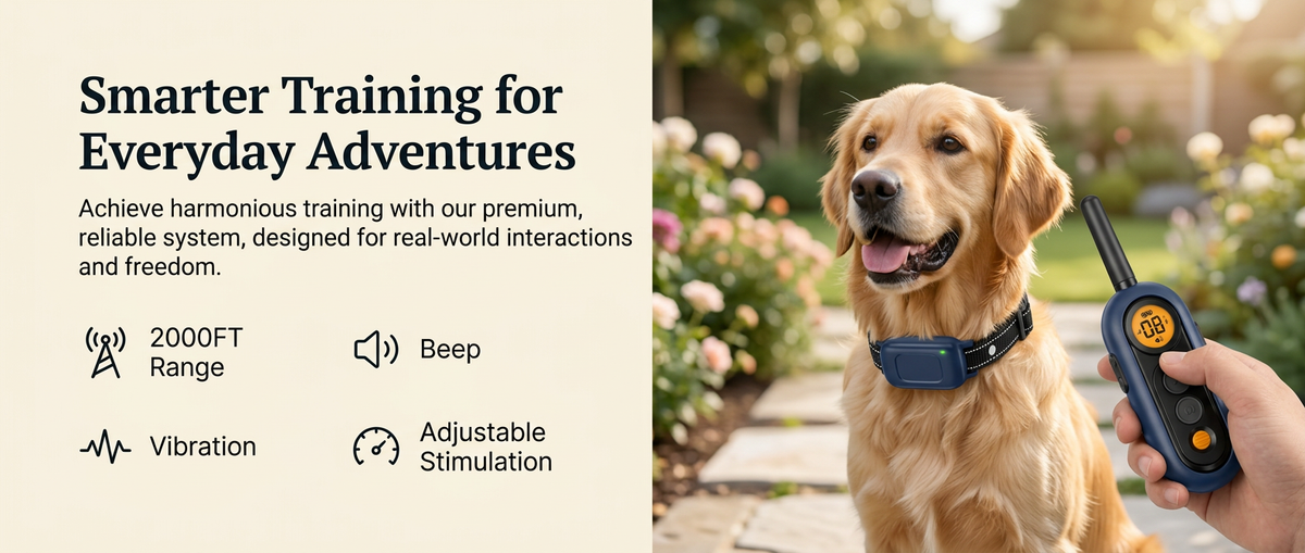 
Navy blue remote dog training collar with 2000FT range, beep, vibration and adjustable stimulation.