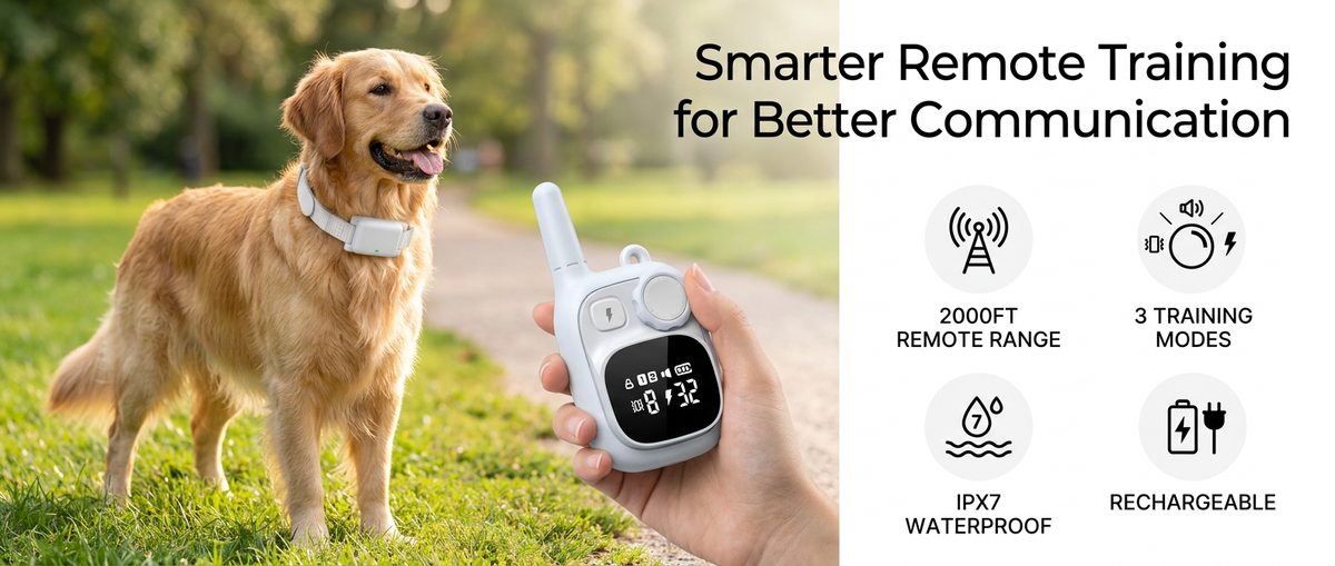 White rechargeable remote dog training collar with handheld controller, digital display and adjustable strap.