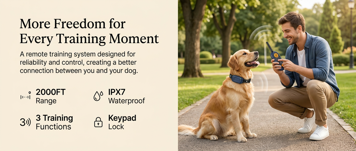 
Happy owner training a dog outdoors with a navy blue 2000FT waterproof remote training collar.