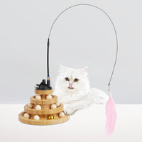 3-tier wooden turntable cat toy with interactive rolling ball tracks