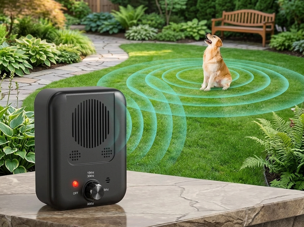 
 Ultrasonic dog bark deterrent with 30ft training range.