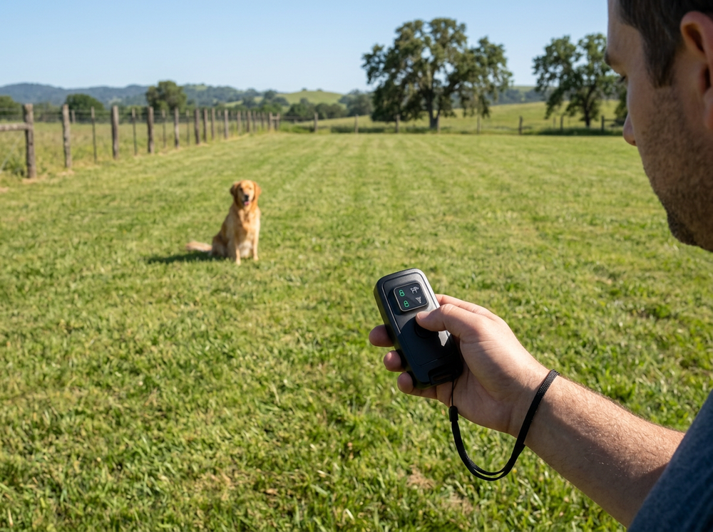 Black handheld ultrasonic dog training device used with a dog across an open outdoor training area