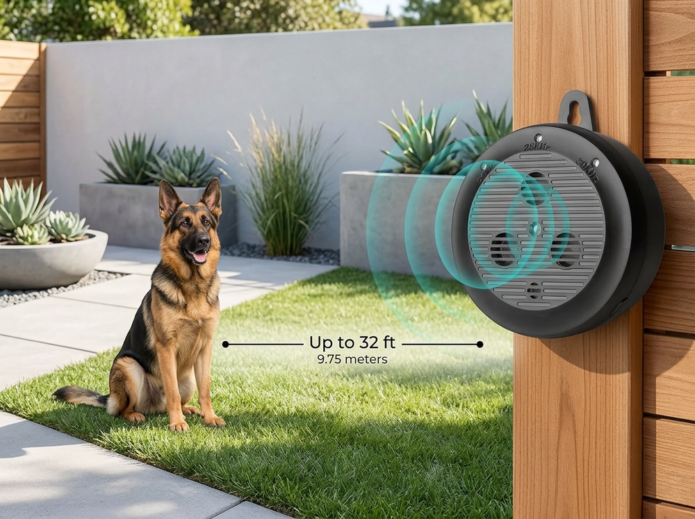 Ultrasonic dog bark deterrent demonstrated with a dog at up to 32 ft operating range.