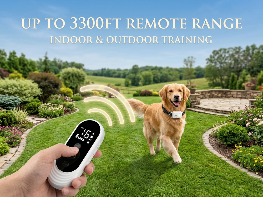
Remote dog training collar with wireless control range of up to 3300 feet.