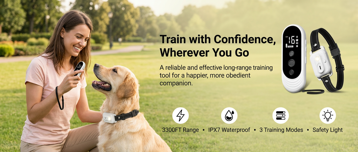 
Happy owner and dog outdoors with a 3300FT waterproof remote training collar and built-in safety light.