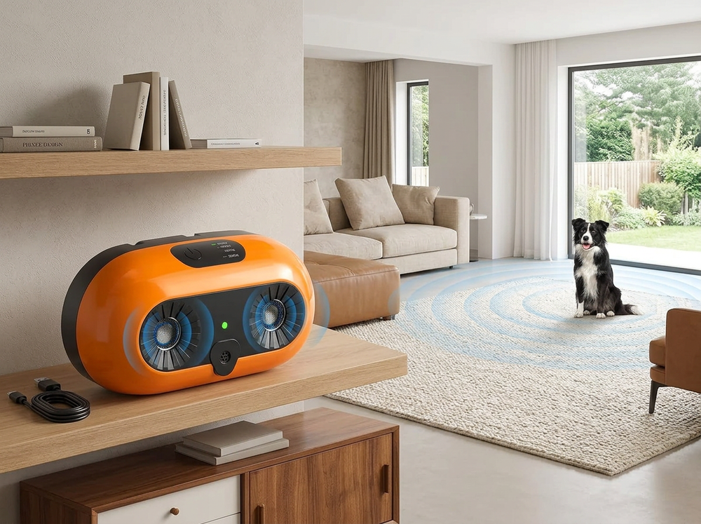 Ultrasonic dog bark control device positioned across a spacious room from a dog for wide-area coverage