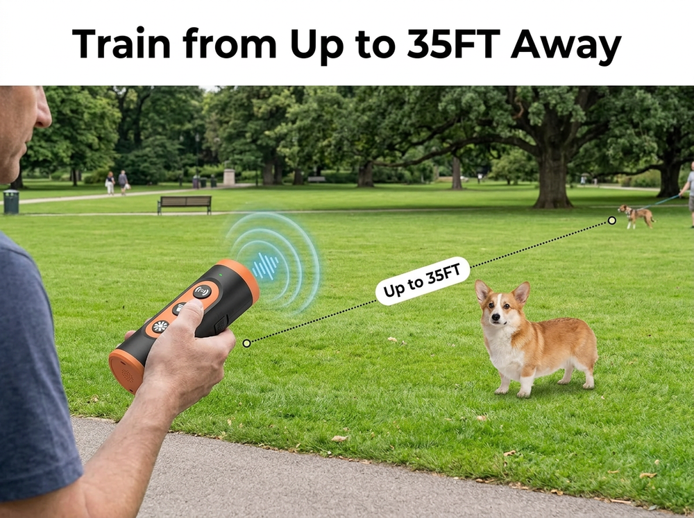Owner using an ultrasonic dog trainer with a stated range of up to 35 feet in a park.