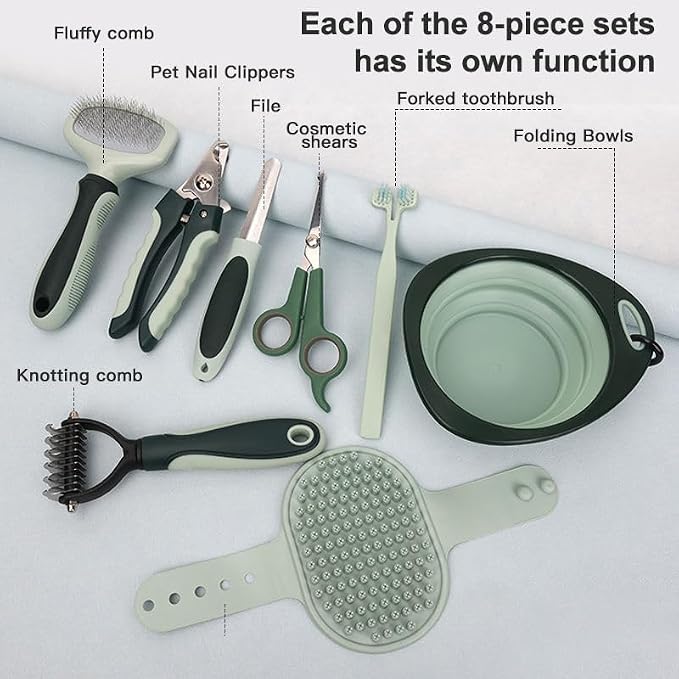 Professional 8-Piece Dog Grooming Kit – Pet Grooming Accessories with Combs, Nail Clippers, Shears, Toothbrush & Foldable Bowl