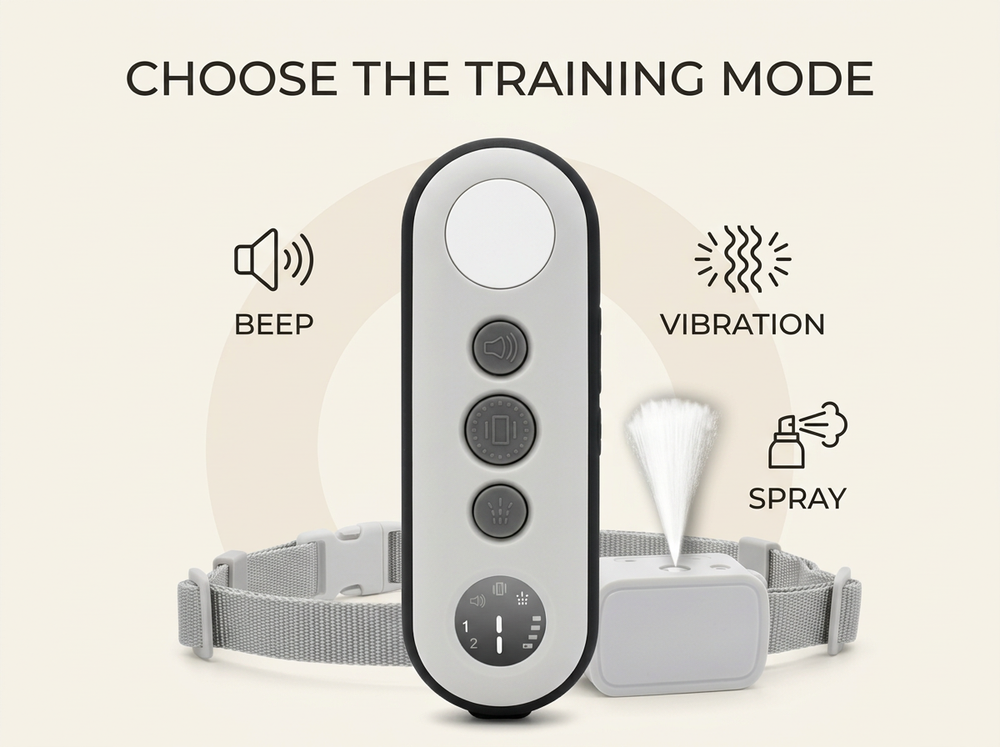 Remote dog training collar with beep, vibration and spray training functions.