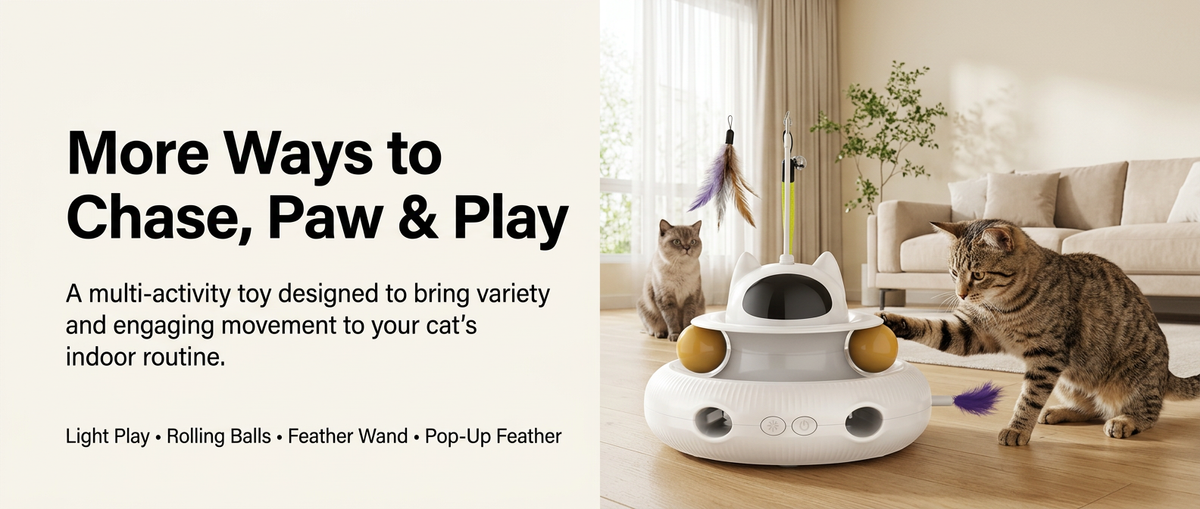  Indoor cats playing with a white 4-in-1 automatic interactive toy featuring rolling balls and feather attachments
