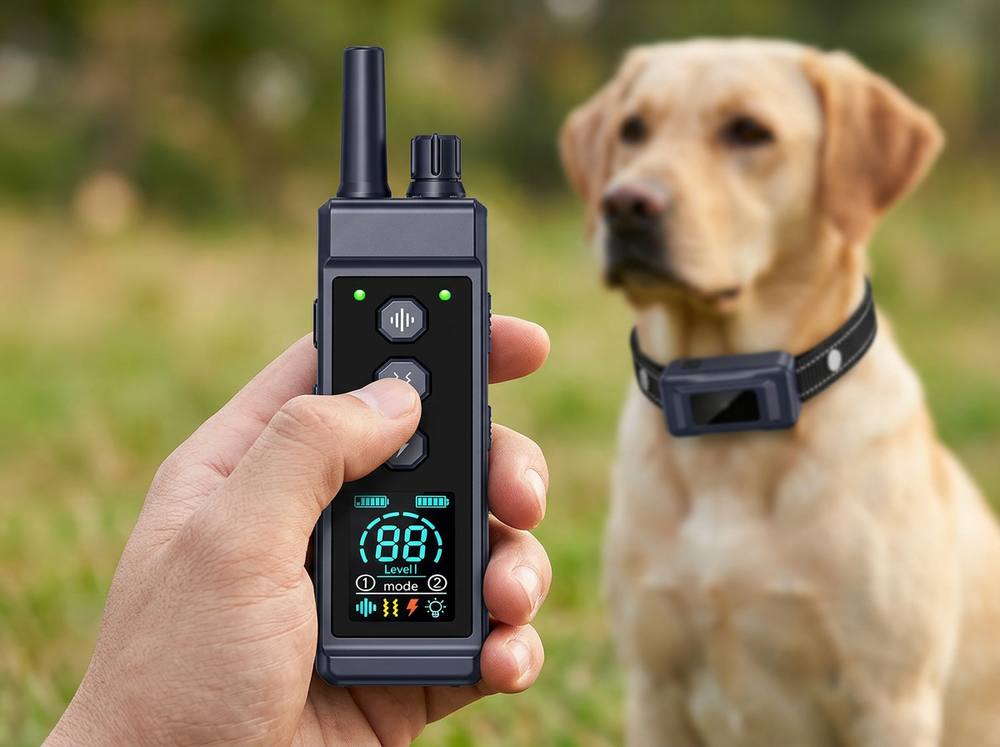 Hand operating 4265FT dog training remote during outdoor training
