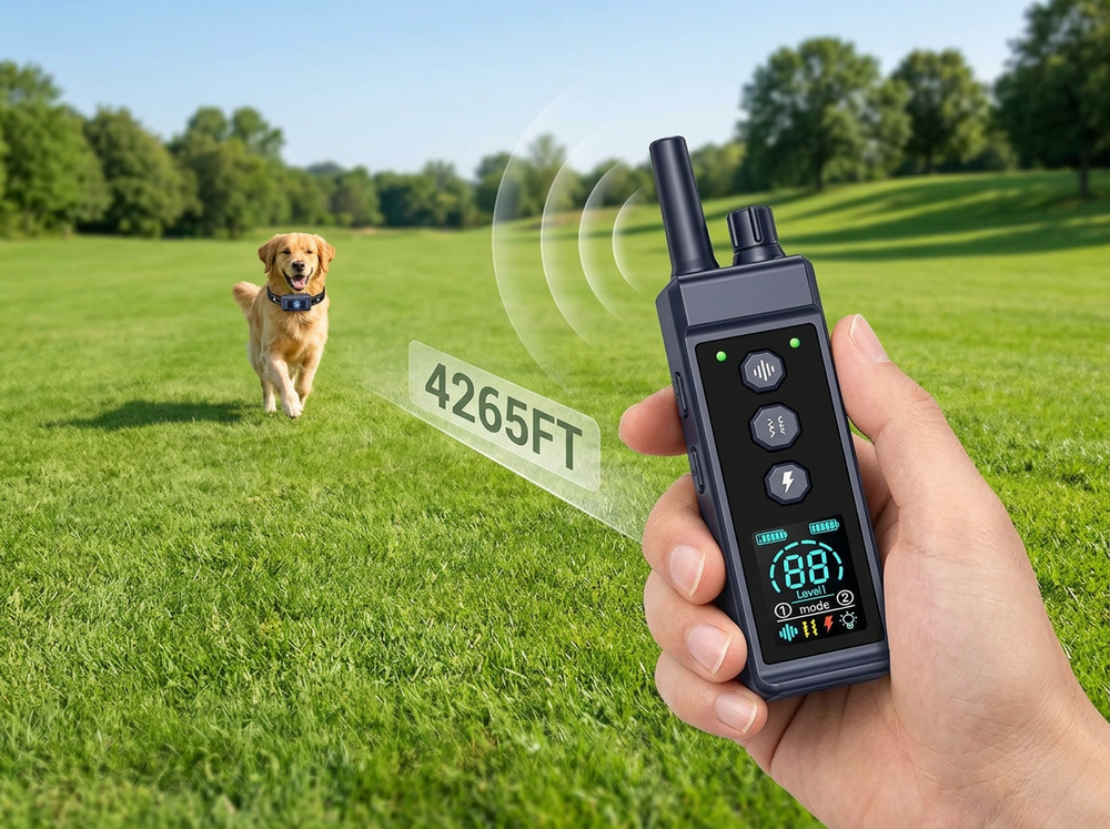 4265FT remote dog training collar demonstrated in spacious outdoor park