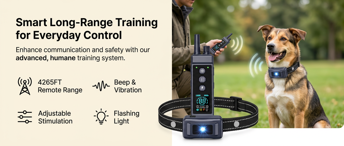 
Waterproof remote dog training collar with 4265FT range, beep, vibration, adjustable stimulation and flashing light.