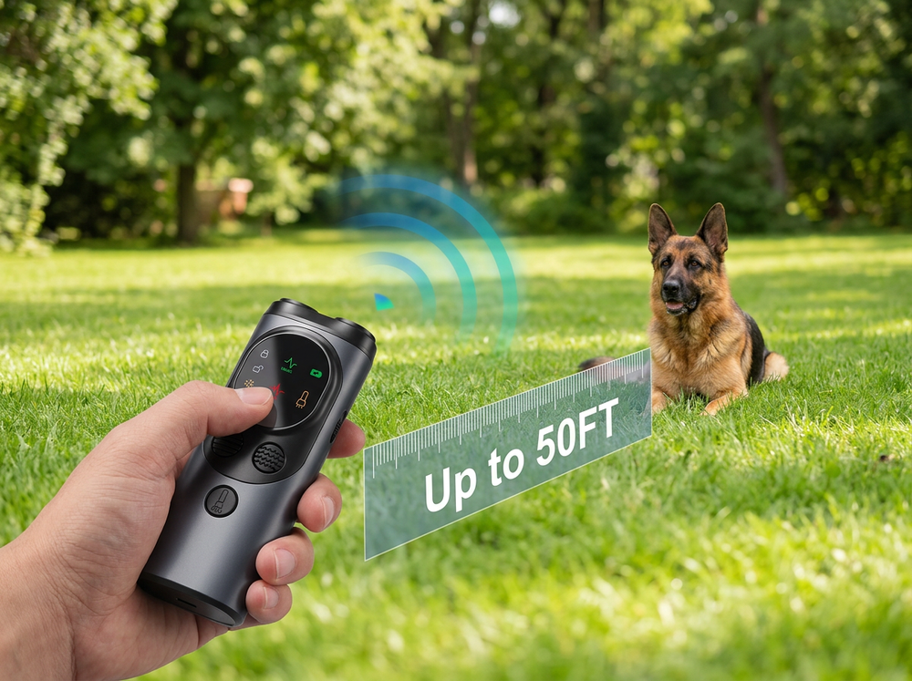 Portable ultrasonic dog bark deterrent with up to 50-foot range for indoor and outdoor dog training.