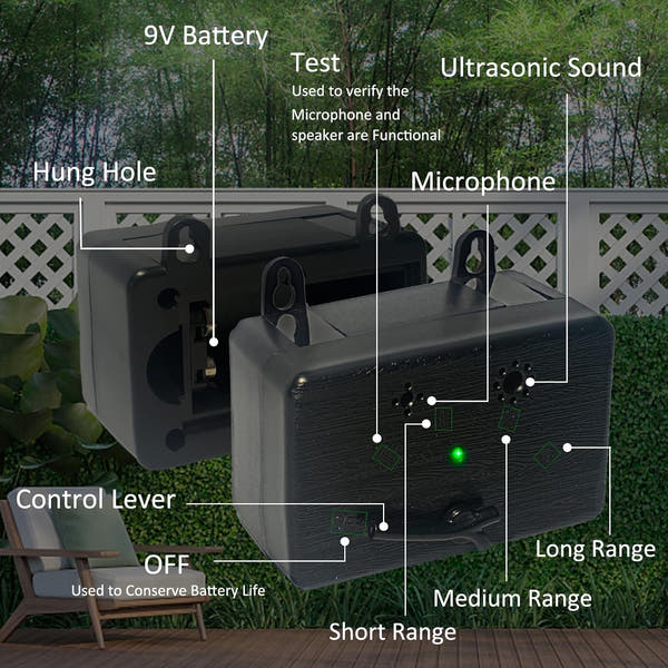 Outdoor ultrasonic dog bark deterrent device with up to 50 feet range