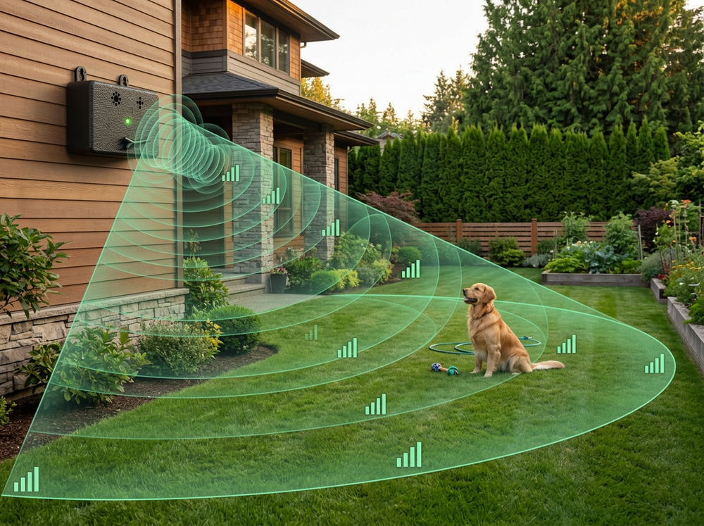 
 Bark Box ultrasonic bark deterrent device with 50ft outdoor range.
