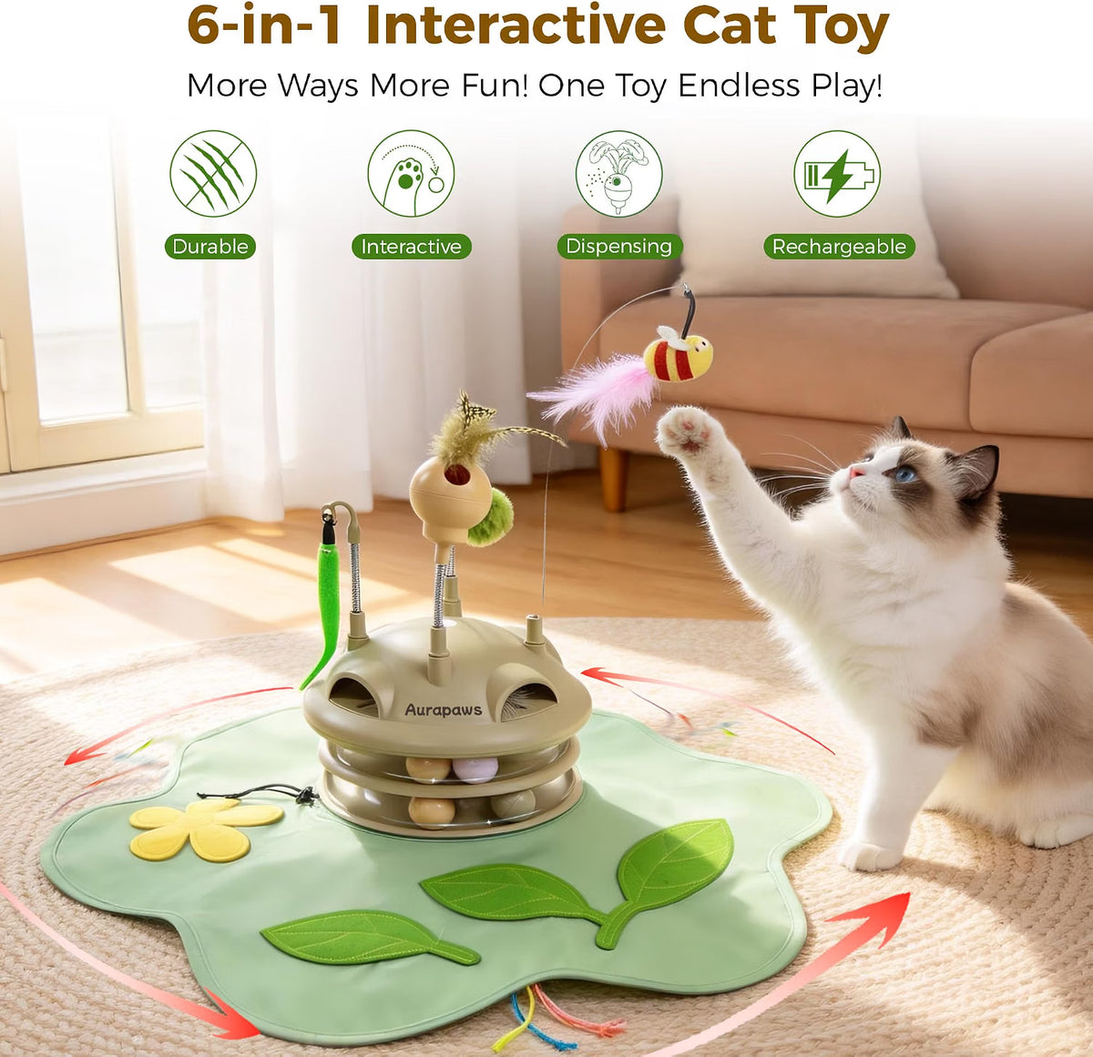 Multi-function 6-in-1 interactive activity toy designed for indoor cats