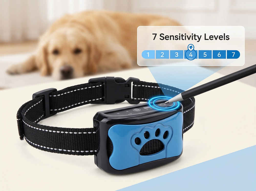 Rechargeable anti-bark dog collar with adjustable sensitivity settings for bark detection.