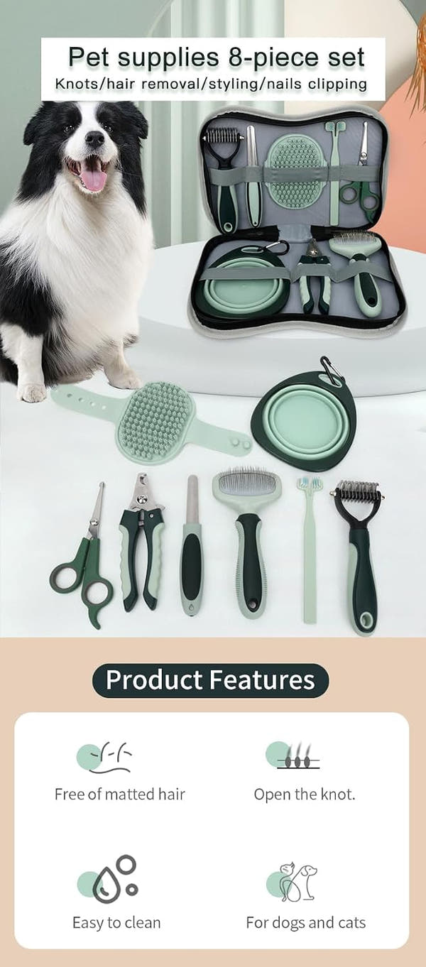 Professional 8-Piece Dog Grooming Kit – Pet Grooming Accessories with Combs, Nail Clippers, Shears, Toothbrush & Foldable Bowl