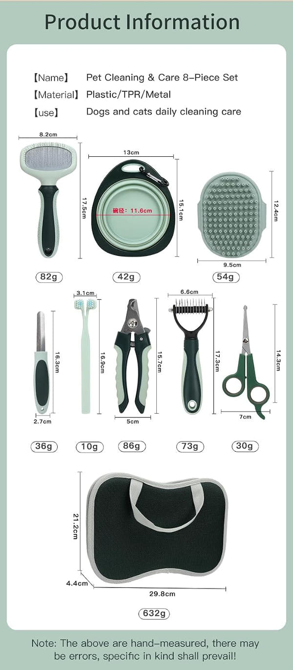 Professional 8-Piece Dog Grooming Kit – Pet Grooming Accessories with Combs, Nail Clippers, Shears, Toothbrush & Foldable Bowl