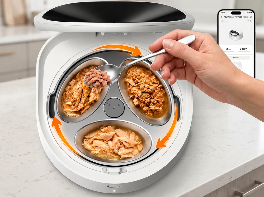 A white multi-compartment pet food dispenser sits on a kitchen counter with three bowls containing wet and dry food. A human hand is shown holding a spoon with food over the top, and a smartphone app screen is visible in the upper right.