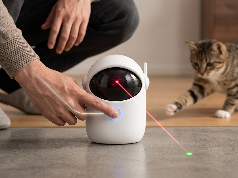 Owner activating automatic infrared laser cat toy.