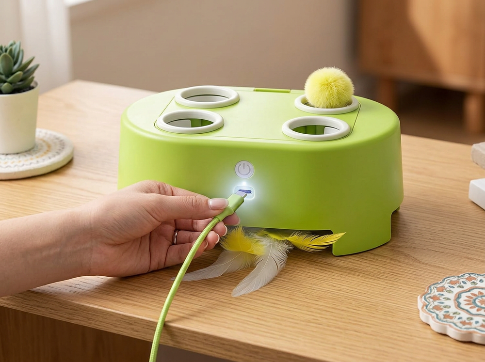 Owner turning on automatic interactive cat toy.