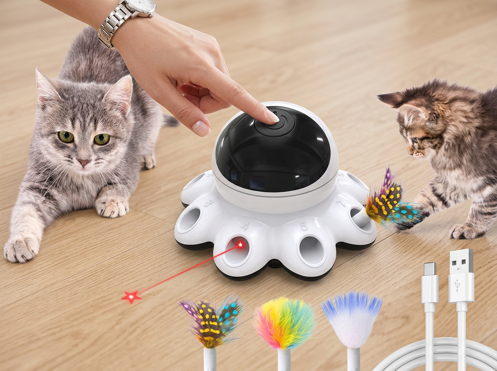 Owner activating motion-activated automatic cat toy.
