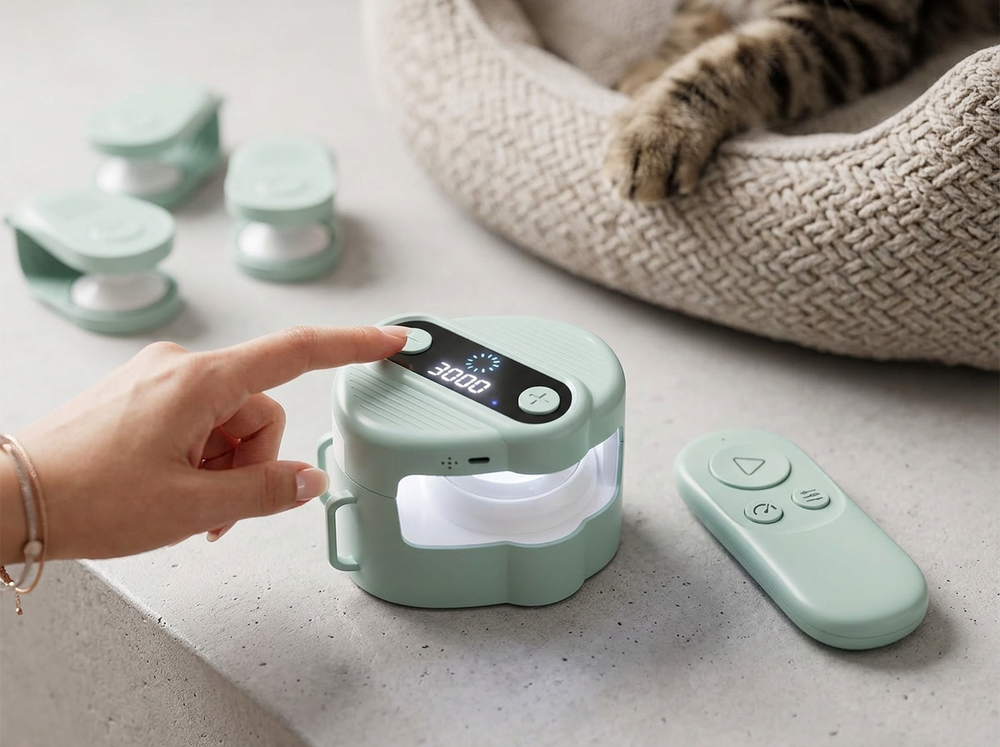 Owner turning on electronic interactive cat toy.
