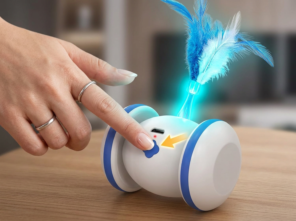 Owner turning on automatic rolling LED cat toy.