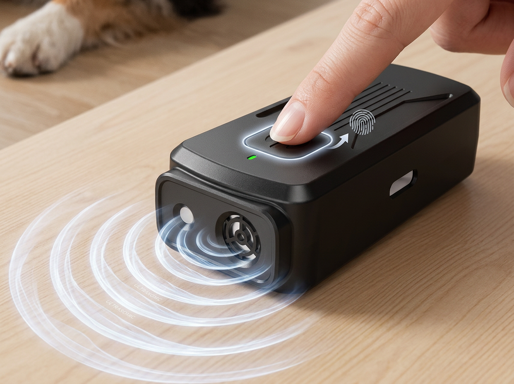 

Owner activating ultrasonic dog bark deterrent device.