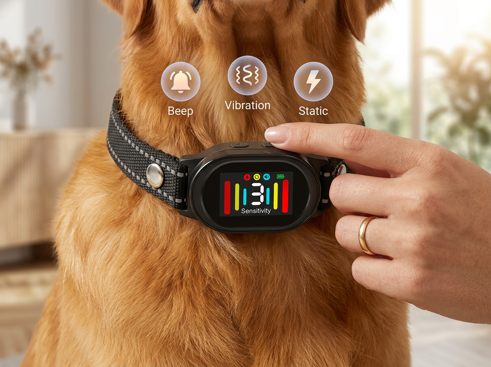 
 Owner activating beep vibration and static modes on an anti-bark collar.