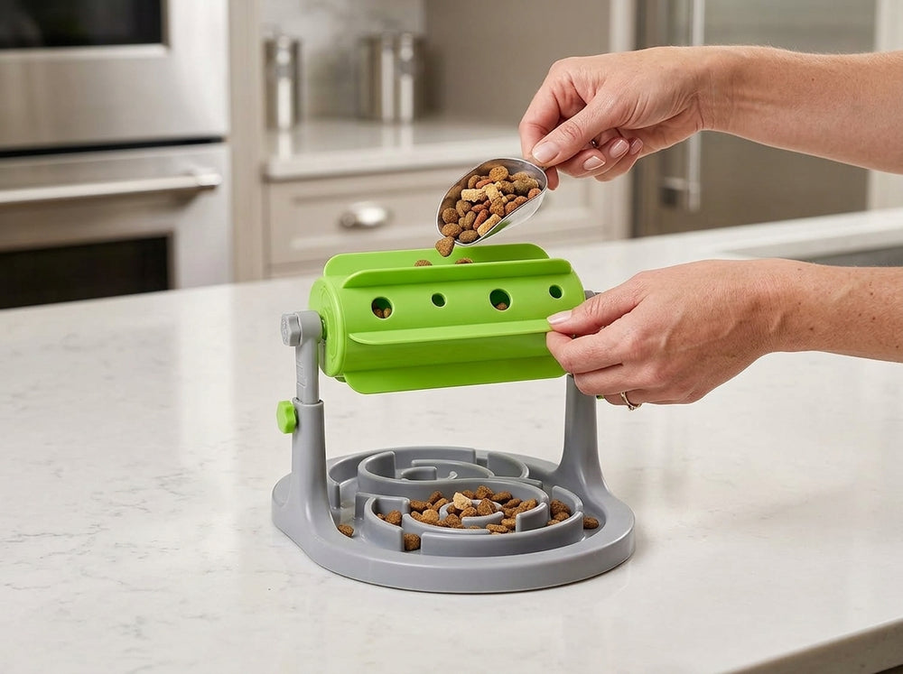 Owner adding food to interactive slow feeder bowl