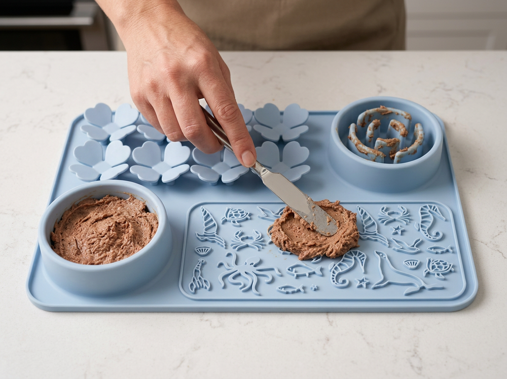 Owner adding treats to silicone dog lick mat