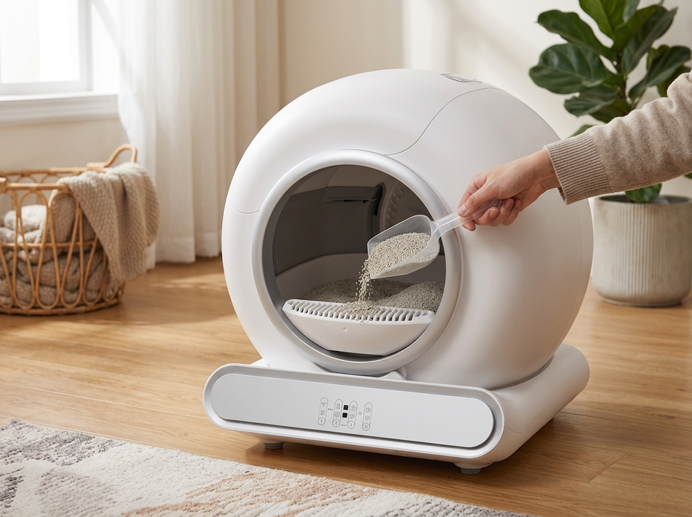 Adding cat litter to automatic self cleaning litter box