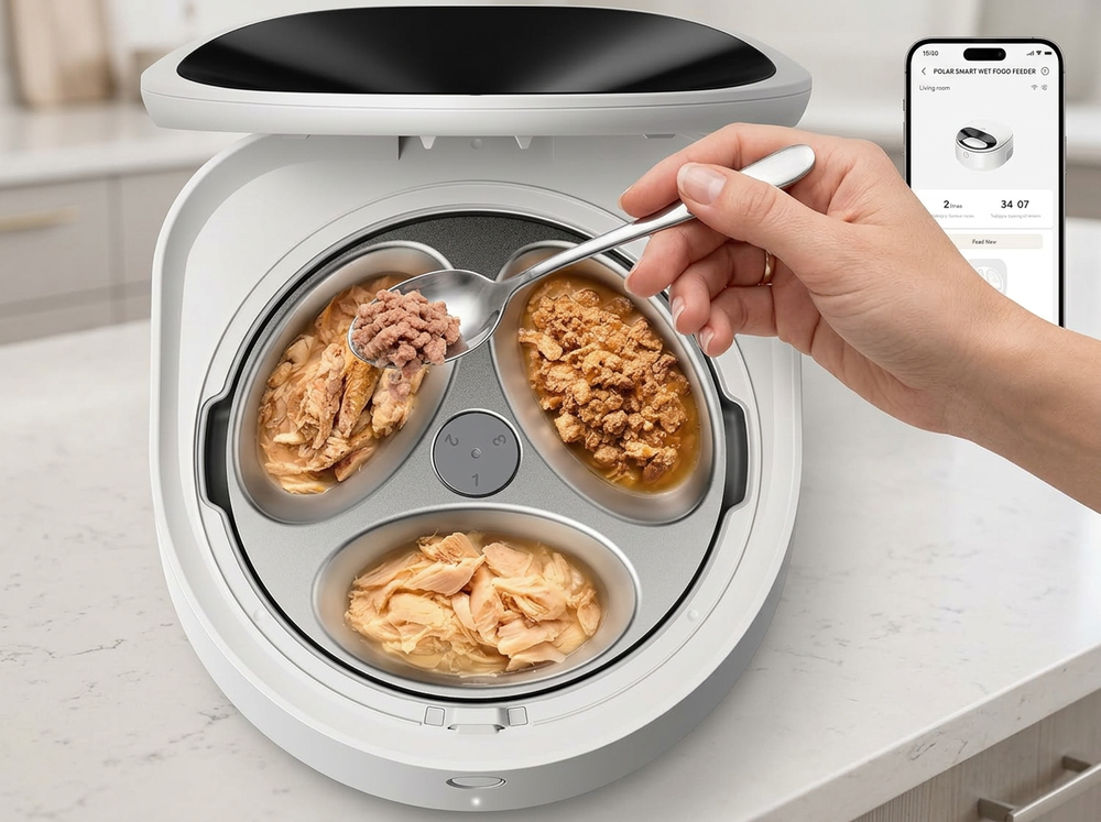 Wet cat food being added to the stainless steel compartments of a smart cooling pet feeder