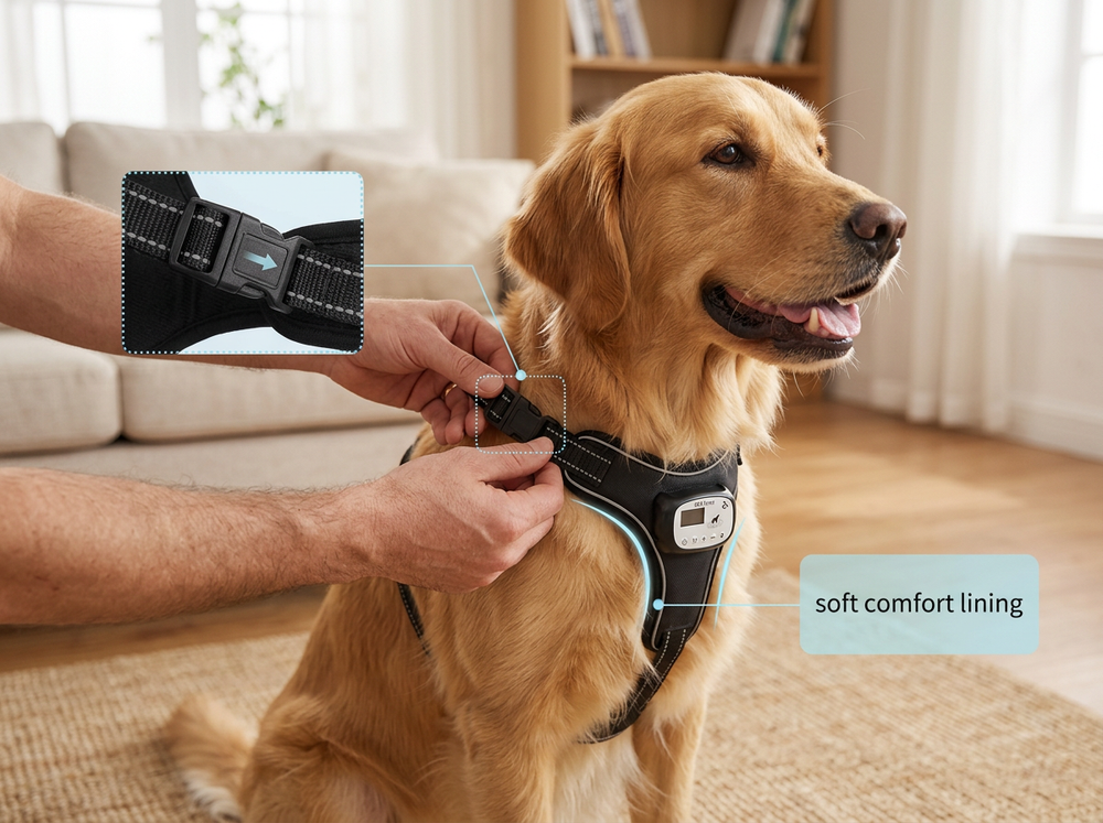 Adjusting GPS tracking collar on dog
