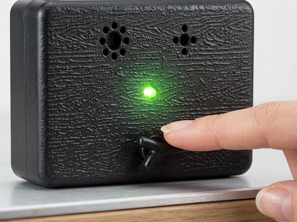 
 Adjusting ultrasonic bark control settings on Bark Box device.
