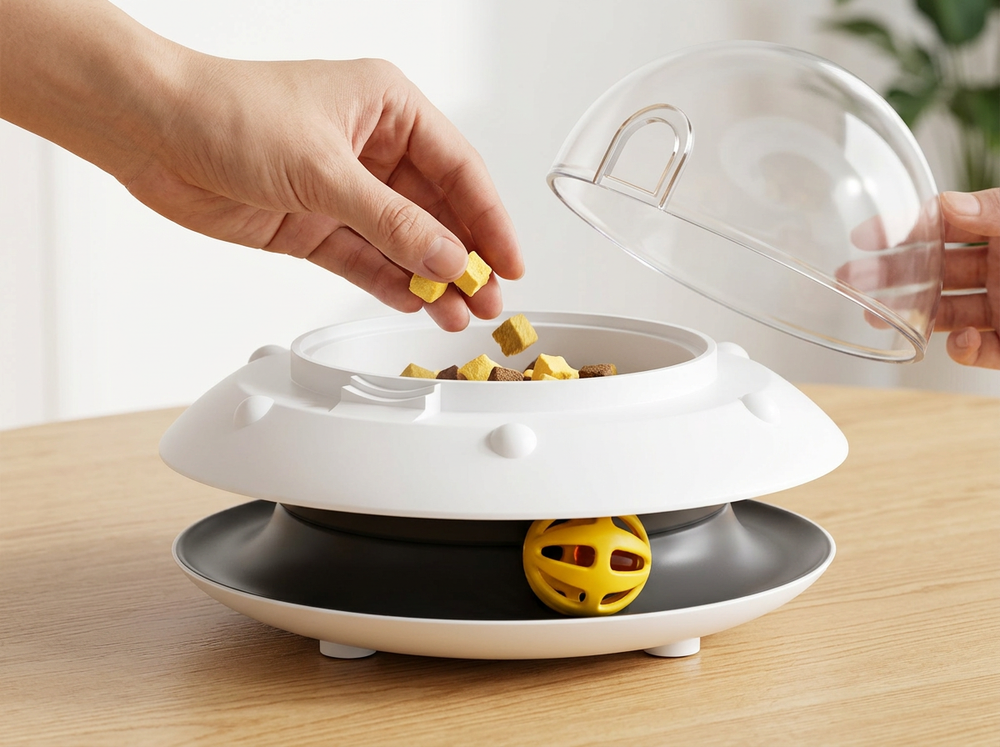 Close-up of the treat dispensing opening being prepared on the transparent dome of the interactive cat toy